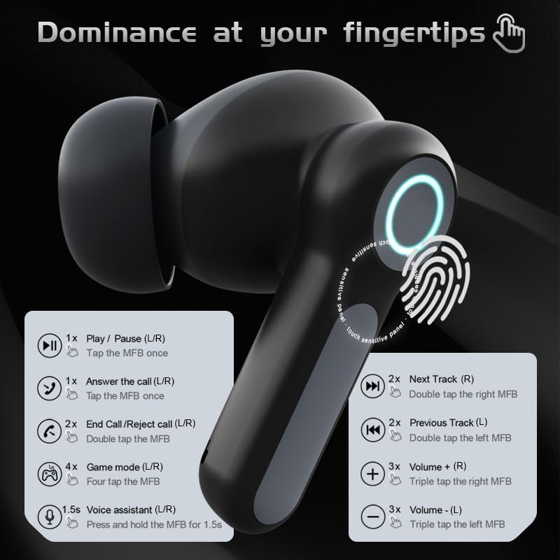 G07 Wireless Earbuds with RGB LED Light Gaming Earbuds with 40ms Low Latency Dual Game and Music Mode Earphones Wireless Headphones with 40 Hours Worktime IPX5 Waterproof (Black)