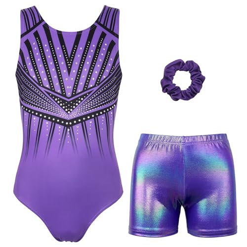 Image of MODAFANS Leotards for Girls Gymnastics with Shorts Dance unitards Tumbling Biketards with Hair Scrunchie for3-13T