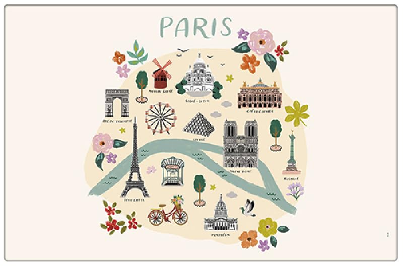 Set de Table Paris Tour Eiffel - Motif Plan stylisé de Paris avec Les Monuments Les Plus Importants