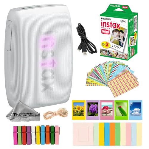 Fujifilm Instax Mini Link 3 Wireless Smartphone Photo Printer (Clay White) w/Mini Instant Film (20 Sheets) + Decorative Sticker Frames + Mini Desk Frame & Hang Clips -Bundle