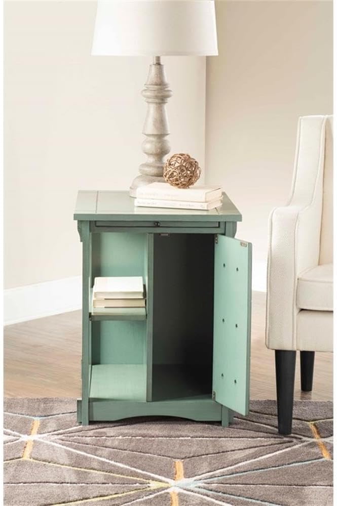 Linon Parnell Storage Side Table/Cabinet with Pull Out Shelf in Teal Wood