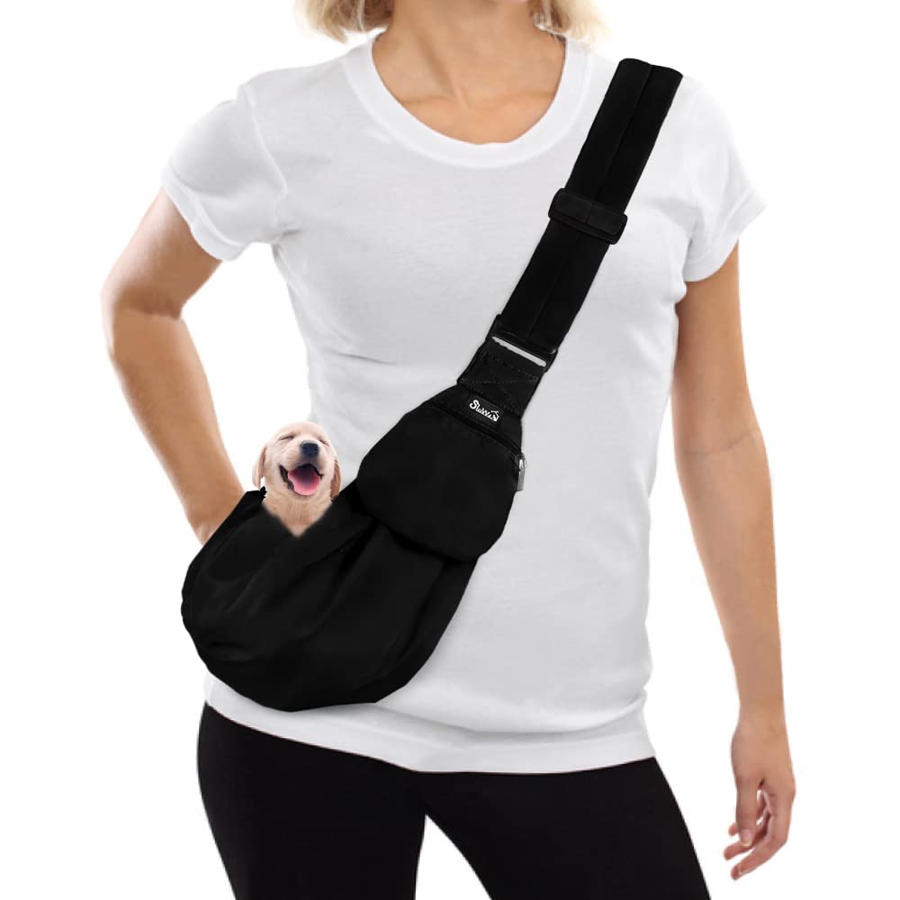 SlowTon Dog Carrier Sling - Thick Padded Adjustable Shoulder Strap Dog Carriers for Small Dogs, Puppy Carrier Purse for Pet Cat with Front Zipper Pocket Safety Belt Machine Washable (Black XS)