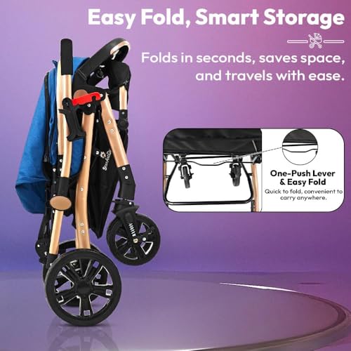 Image of StarAndDaisy Foldable Stroller for Baby 0-3 Years Infant & Toddler / Travel Pram for Baby with Suspension & Lockable Wheels, Multi-Level Recline & Adjustable Canopy & Footrest , Removable Tray , Safety Harness Belt -Pink