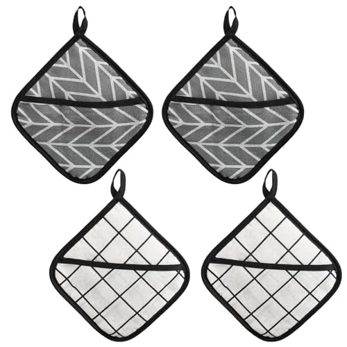 Topflappen mit Tasche 4 Stück Hitzebeständige Topflappen Aus Baumwolle Praktische Küchenhelfer für Kochen und Backen(18 x 18 cm)