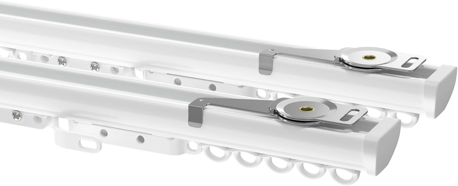 ChadMade Aluminum Ceiling or Wall Mount Curtain Track Kit for Windows 12-216 Inch, Heavy Duty Double Window Rods For Living Room Bedroom, Custom Size Track Rail Set (White, Double)