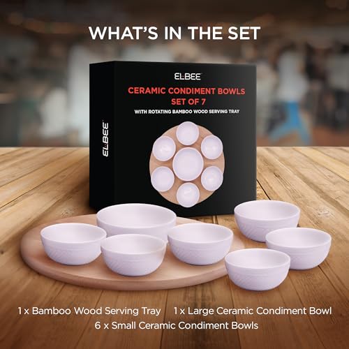 Rotating Bamboo Serving Tray with 6 Small Ceramic Condiment Bowls and 1 Larger Center Bowl - Lazy Susan Style Elegant Serving Set for Dips, Snacks, Appetizers, and More - Image 6