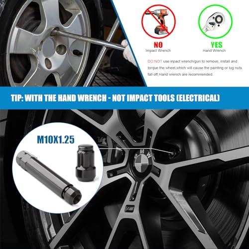 Image of JiiinMiiin M10x1.25 ATV Lug Nuts - 16pcs Closed End 6 Spline 10x1.25 Wheel Nuts Cone /Acorn Seat with Socket Key, Black