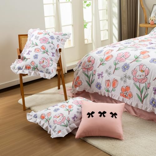 Image of A Nice Night 6 Piece Comforter Set Bed in a Bag with Comforter & Sheet Set,Chic Cute Rabbits Bow Printed Bedding Sets,Princess Ruffle Bedding for Kids Girls,Full