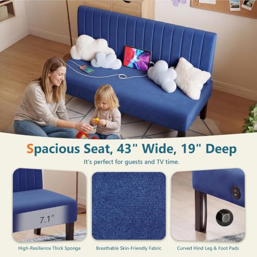 Image of STHOUYN Armless Accent Chair Loveseat, Small Sofa, Navy Blue Velvet, Modern | STHOUYN Oversized Slipper Chair for Living Room Bedroom Corner Side, Decorative Vanity Bench
