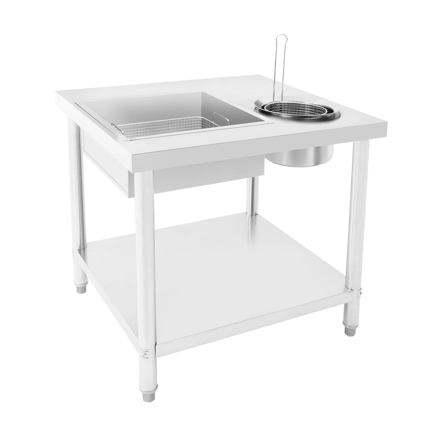 Mesa de preparación de pollo frito de plata, acero inoxidable, encimera de pollo frito, empanado, para restaurantes de pollo frito, restaurantes de comida rápida, hoteles 80 x 55 x 80 cm