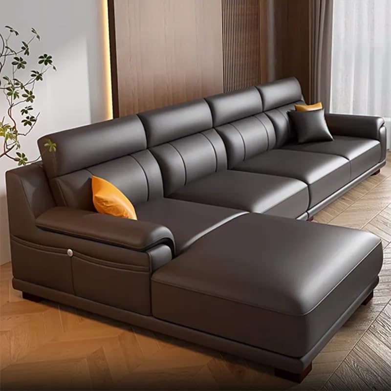 Image of Homax. Poppins Solid Sal Wood Italian Luxury High-End Villa Living Room L-Shape Sectional Modular Sofa Set in Leatherette Orientation RHS - Dark Grey