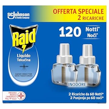 Raid Liquido Elettrico Antizanzare Doppia Ricarica, Inodore, Confezione da 2 Ricariche da 36ml, 120 Notti