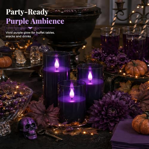 Image of Homemory Dark Gray Flameless Candles, Purple Glow, Remote Timer, Set of 3