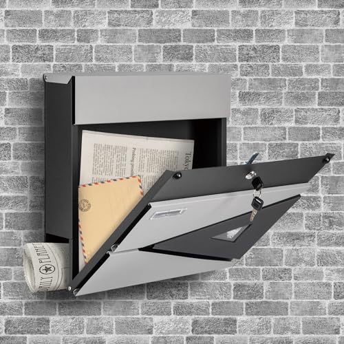 Image of Wall-Mount Mailbox for House Outside, Security Drop Box with Lock and Keys, Steel Metal Mail Box with Newspaper Compartment, 14.57 x 14.57 x 4.33 Inch, Grey & Black, MD039 X-Large