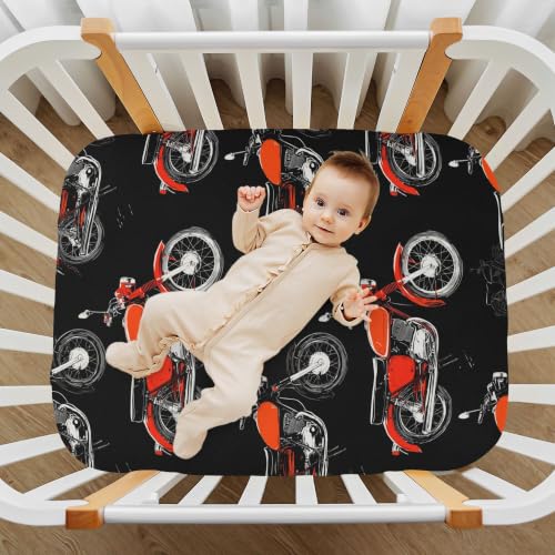 Image of Motorcycle Motorbike Black Crib Sheets Soft Breathable Fitted Baby Crib Sheets Mattress Cover for Girls Boys, 52 inch x 28 inch x 9 inch