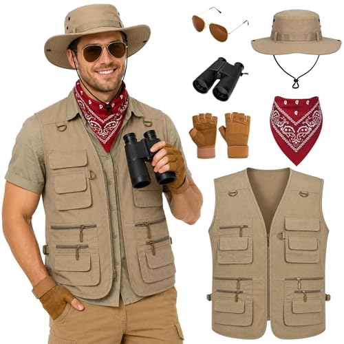 LKMXD Safari Costume for Men - Zookeeper Costume with Vest Hat Neck Scarf Binocular Sunglasses and Gloves Halloween Play Outfit (XL)