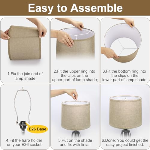 Image of Drum Lampshades Set of 2, Fabric Lampshades for Table Lamps Floor Lamps, Medium Lampshades 11.6 inch Top x 12.6 inch Bottom x 9.8 inch High, Easy Assembly Shades Replacement, Natural Linen Hand Crafted (Spider)