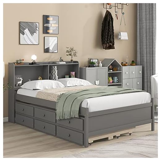 Full Bed with Trundle and Storage Drawers Wood Captain’s Bed Frame with Bookcase Headboard and Slat Support for Kids Boys Girls Teens, Full Size, Gray