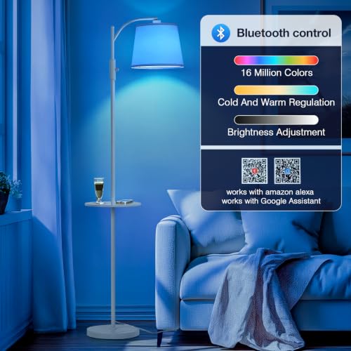 Image of AIDENOEY Smart Floor Lamp with Side Table | Stepless Dimming, RGB Multi-Color | Adjustable Swivel Head | Voice Control with Alexa & Google Assistant |White Lamp for Living Room,Bedroom,Home Office