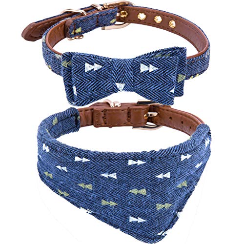 Puppy Collars for Small Dogs - StrawberryEC Adjustable Puppy Id Buckle Collar Leather. Cute Plaid Bandana Dog Collar (Bow+Bandana-Navy)