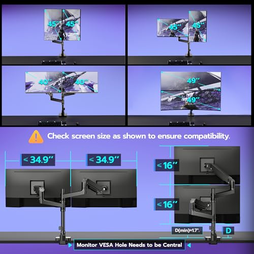 Image of ARES WING Dual Monitor Arm Desk Mount for 17-49 Inch Ultrawide Monitors, Heavy Duty Dual Monitor Mount Holds 44 lbs, Full Motion Gas Spring Vertical Monitor Mount, 75 /100 VESA Mount, Black