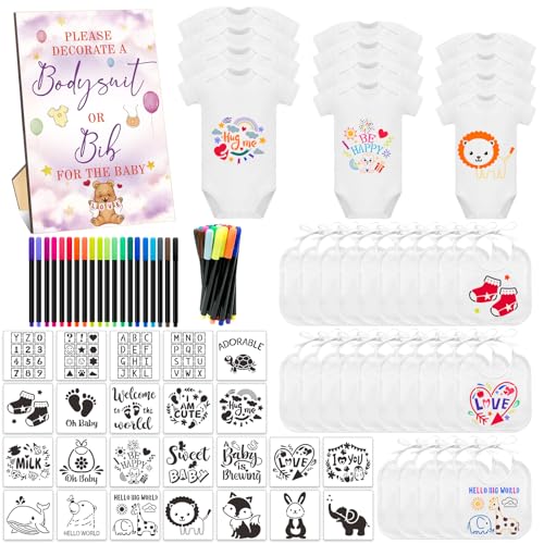 SytuHete 82 Pcs Baby Bib Bodysuit Baby Shower Set Baby Shower Game Sign Baby Feeder Bib Newborn Bodysuit Fabric Marker