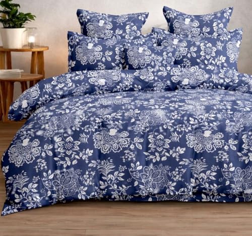 Image of DECOR2ADMIRE Premium Cotton Bedsheet Double King Size 90x100 Inches, 300 TC Soft Breathable Printed Bed Sheet with 2 Pillow Covers (Dark Blue Garden, Double 90 inch x 100 inch)