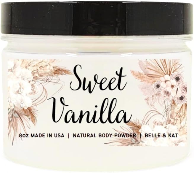 Sweet Vanilla Scented Body Powder for Men & Women, Bath Perfume Dusting Powder with Fragrance & Essential Oils, Talc Free 8oz Container, Made in USA