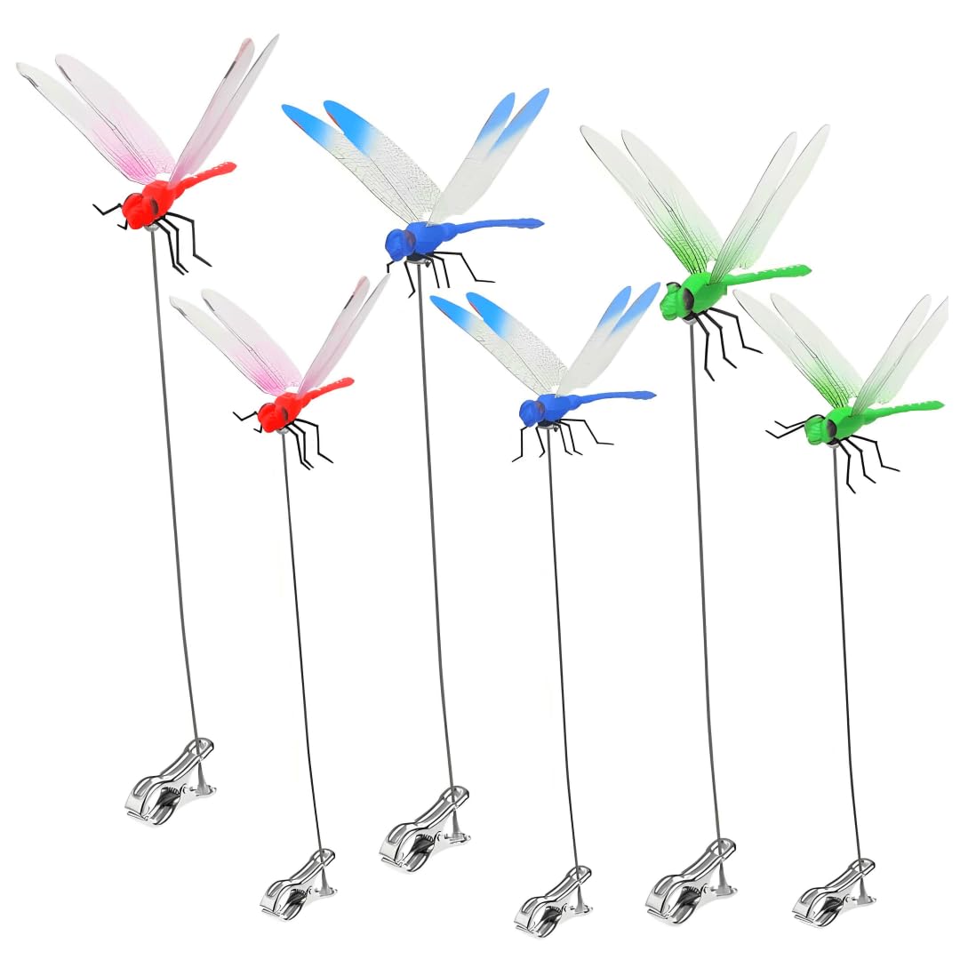 6 Pack Dragonfly Clip,3D Dragonfly Garden Stakes Decor,Fly Deterrent,Dragonfly Humming Bird Stakes,Deer and Horse,Bird and Fly Scare Devices for Indoor Outdoor Garden