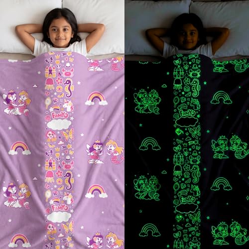 Image of Famyo Glow in The Dark Blanket & Fitted Bedsheet Combo for Kids | 0-15 Years, 200x152 cm Queen Size, Soft Flannel Fleece Throw, Soft 300 TC Cotton Bedsheets, Cozy & Warm All-Season Radium