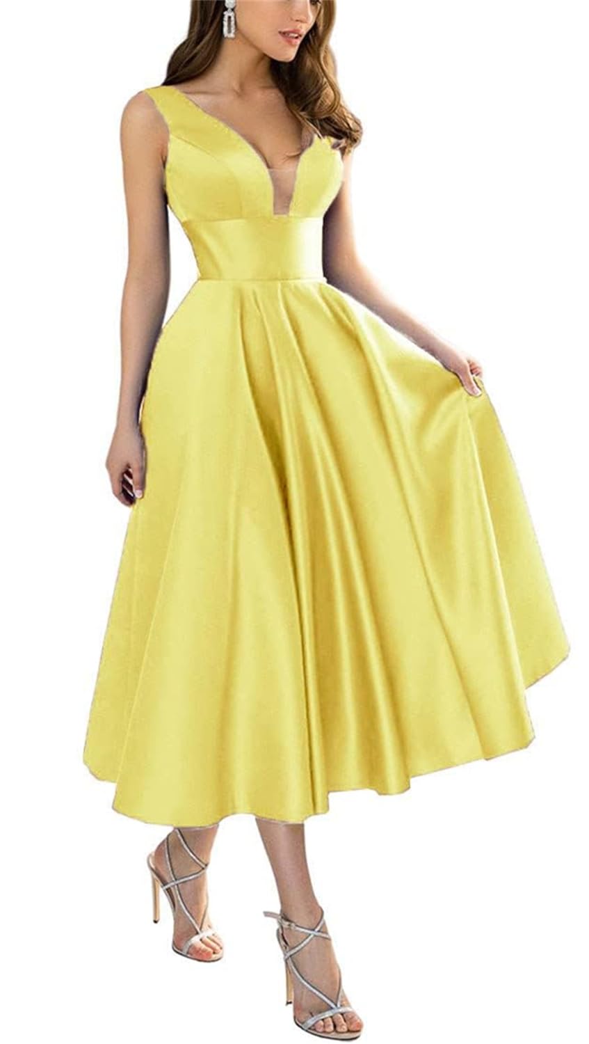 Kurface Women's Yellow Formal Evening Dresses For Wedding V Neck Elegant Satin Wedding Guest Tea Length Prom Dress 2024 Uk12