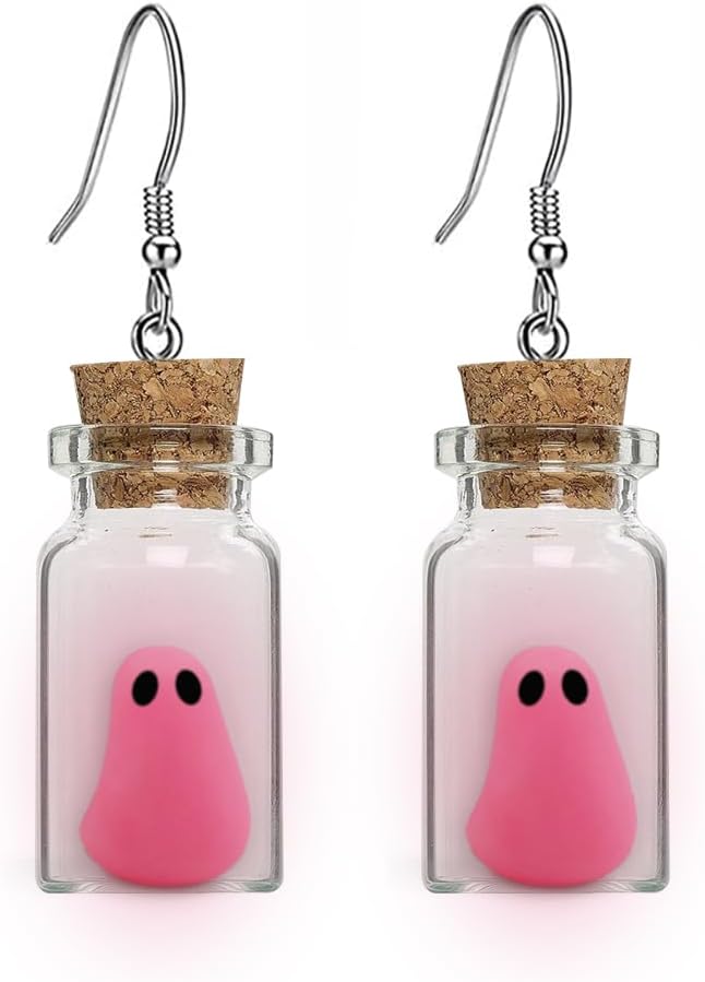 Red Ghost In A Bottle Earrings, Ghost Earring, The Adopt A Ghost Dangle Earrings Halloween Jewelry Accessories for Women