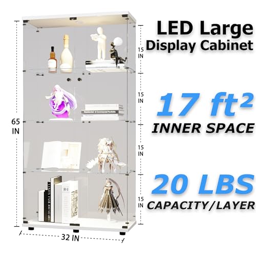 64.5" H 4-Shelf LED Lights Glass Display Cabinet with Double Door,Modern Curio Cabinet Collection Display Case,Floor Standing Bookshelf Glass Case with Lock for Living Room,Home Office (White) - Image 3