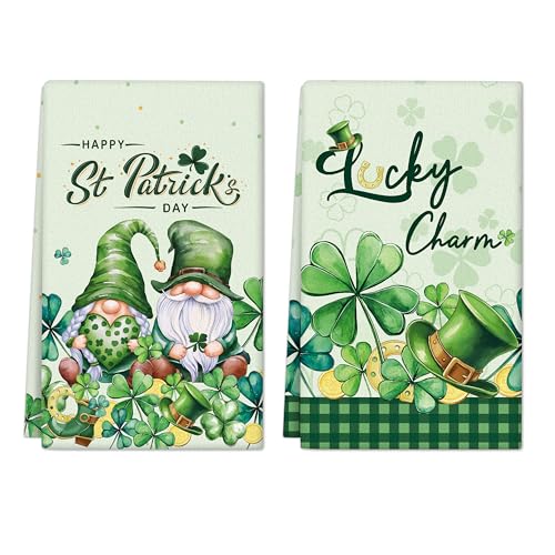 St Patricks Day Kitchen Towels 2 Pack Green Shamrock Absorbent Hand Towels 157 x 236 Inch Funny Gnomes Dish Towels for Kitchen Decor Housewarming Gifts