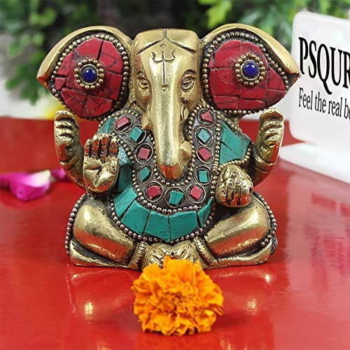 PSQURMART Lord Brass Ganesha with Stone Work Ganesha Modern Art Ganesh Sitting Position Statue for Home Temple or Office Shop Puja Success - 3