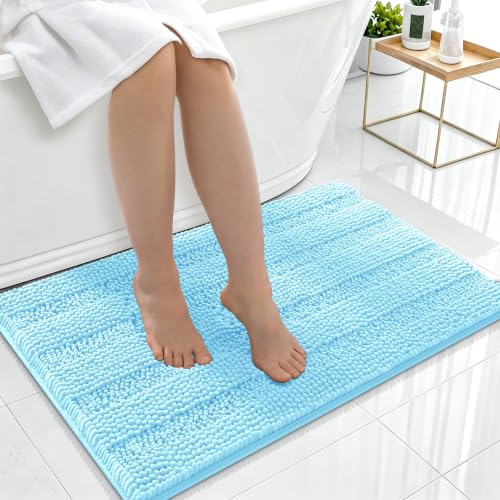 Image of Smiry Thick Chenille Bathroom Rugs 36x24, Extra Soft Absorbent Striped Bath Mat, Machine Washable, Rubber Backing, Bath Rugs for Bathroom, Tub & Shower, Home Decor Accessories, Sky Blue