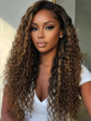 Image of KLAIYI Bye Bye Slip Golden Blonde Balayage Highlights Water Wave Glueless Precut 7x5 Lace Front Wigs Human Hair Drawstring Ombre Brown Curly Pre Plucked Bleached Knots Ready to Wear and Go Wig 18Inch