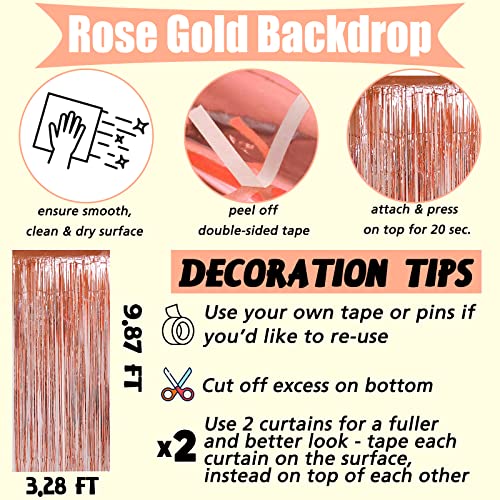 Image of 4 Pack Rose Gold Fringe Curtain Backdrop, 3.2Ft x 9.8Ft Metallic Tinsel Foil Fringe Streamers Background for Photo Booth Birthday Wedding Baby Shower Carnival Easter Mother's Day Party Decorations