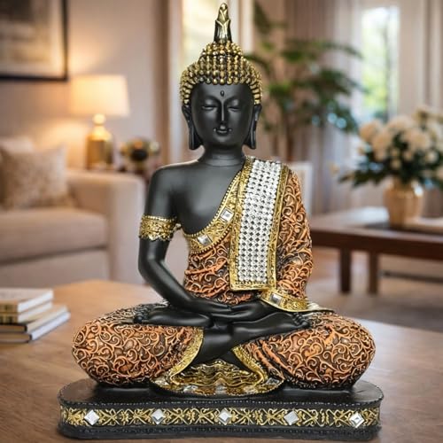 Image of Meditating Buddha Idol for Home Decor - Black & Orange Decorative Showpiece for Living Room, Office & Gift | Large Zen Buddha Murti for Peace, Vastu & Positive Energy