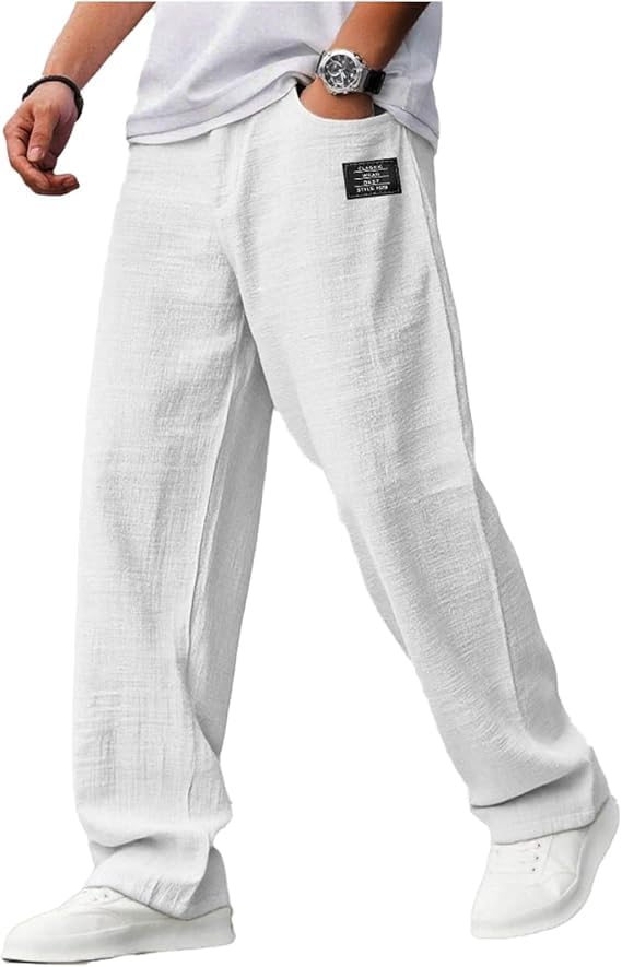 Pacificozy Men's Casual Hemp Embroidered Logo Drawstring Loose Elastic Waist Pocket Trousers3