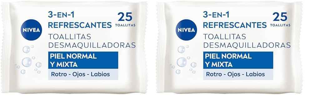 NIVEA Toallitas Desmaquilladoras Refrescantes (1 x 25 ud), toallitas desmaquillantes para piel normal y mixta, toallitas húmedas para rostro, ojos, labios y cuello (Paquete de 2)