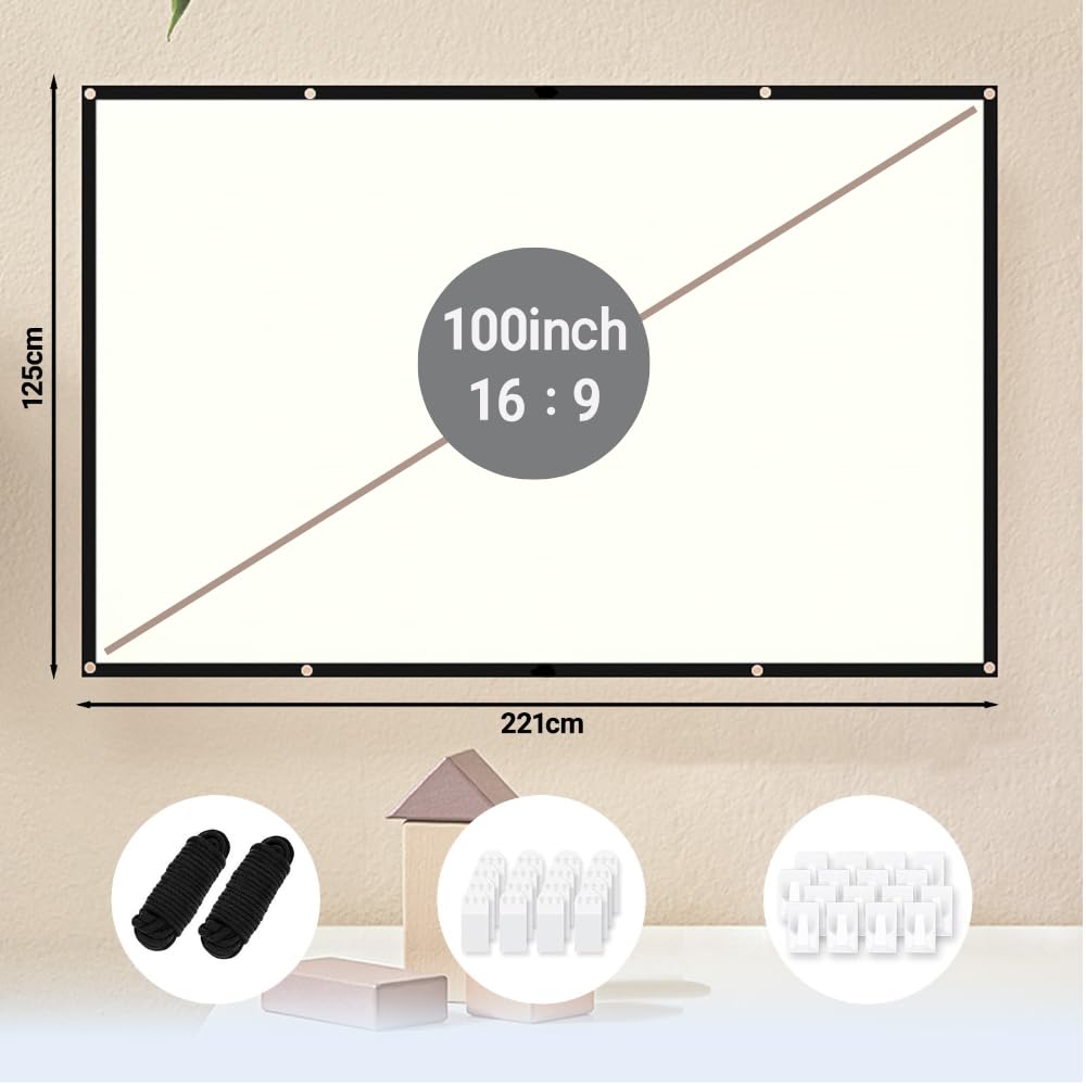 Écran de projecteur 100 pouces 16:9 HD 4K pour extérieur et intérieur - Écran de projection portable pliable et lavable pour home cinéma, bureau et camping