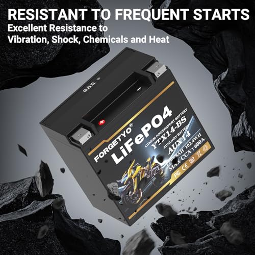 Image of Lithium Motorcycle Battery, Forgetyo YTX14-BS 12.8V 8AH 600A LiFePO4 AUX14 Auxiliary Batteries, ATV UTV Jet Ski Snowmobile Battery