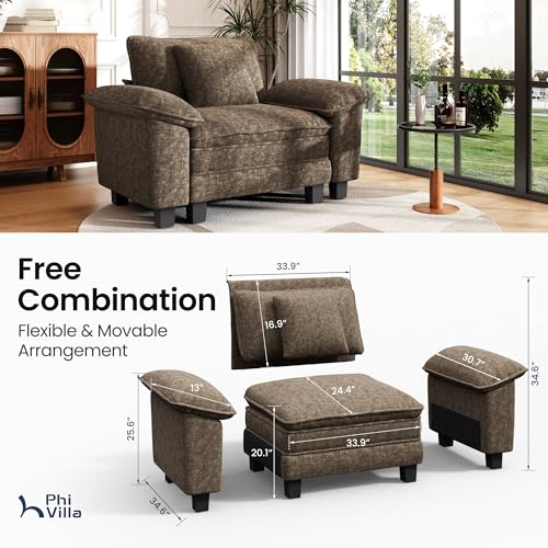 Image of PHI VILLA Oversized Single Sofa with Deep Seat, Armchair for Small Spaces Bedroom Reading Modern, 1 Seater Comfy Reading Accent Chair, Chenille Grayish Brown