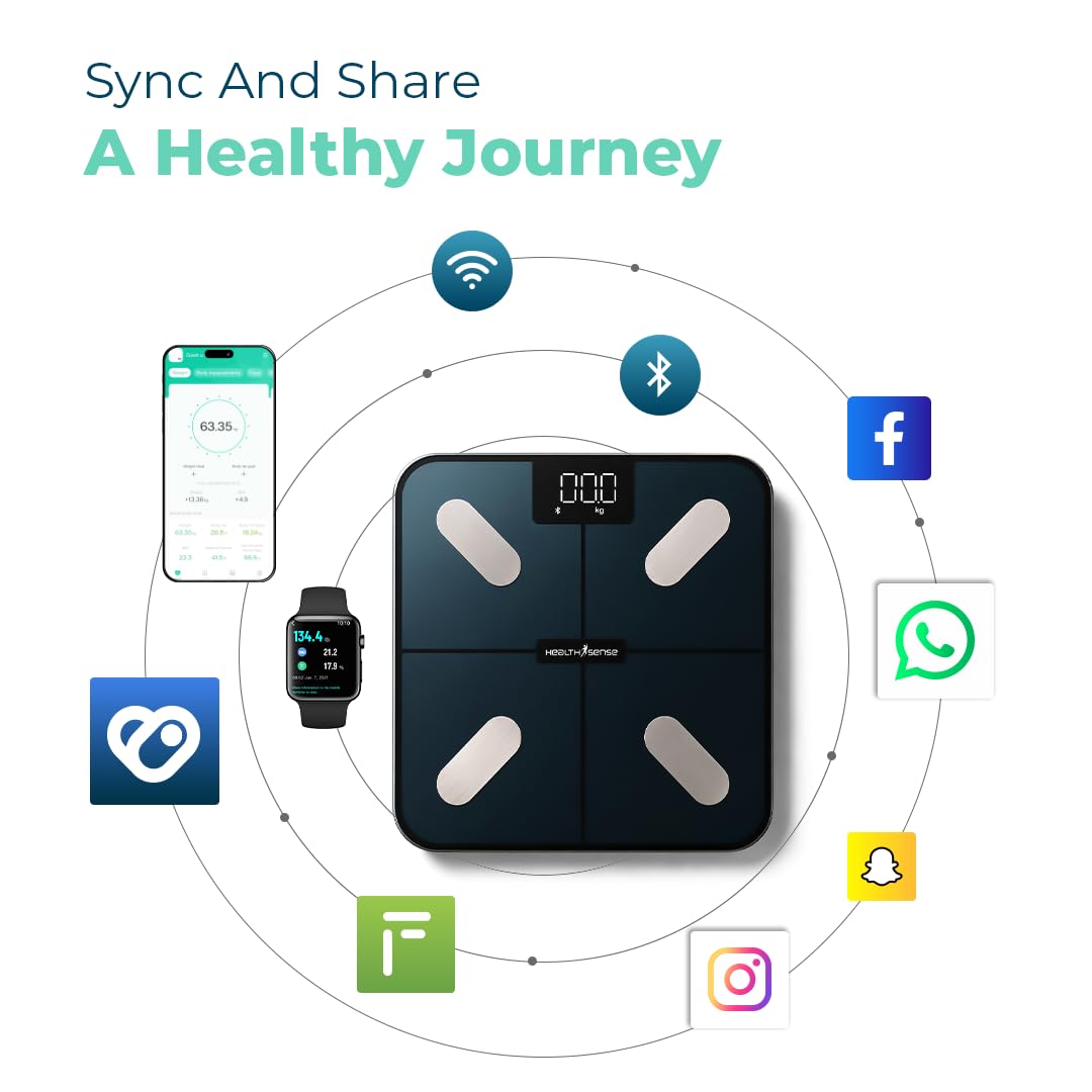 HealthSense Smart Weight Machine for Body Weight | BMI Weighing Scale & Bluetooth Fat Analyser for Home with 25 Body Parameters | Mobile App, LED Display, 100+ User Profiles, 1 Year Warranty | BS 181 2