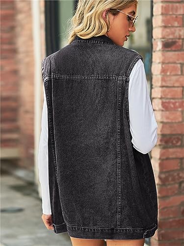 Image of PAODIKUAI Women's Oversized Denim Vest - Sleeveless Distressed Jean Vest with Pockets for Casual Layering