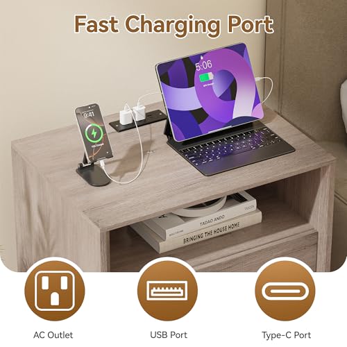 Image of Nightstand with Charging Station Set of 2, Wide Bedside Table with 2 Storage Drawer and Open Wood Shelf, Night Stand for Bedroom, Side Table, End Table, Grey