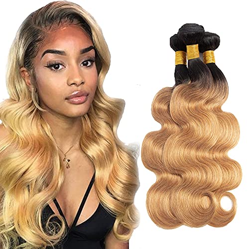 AuokMar 1b 27 Bundles Body Wave Human Hair Bundles Two Tone Bundles Human Hair Blonde And Black Brazilian Hair Bundles 3 Bundles