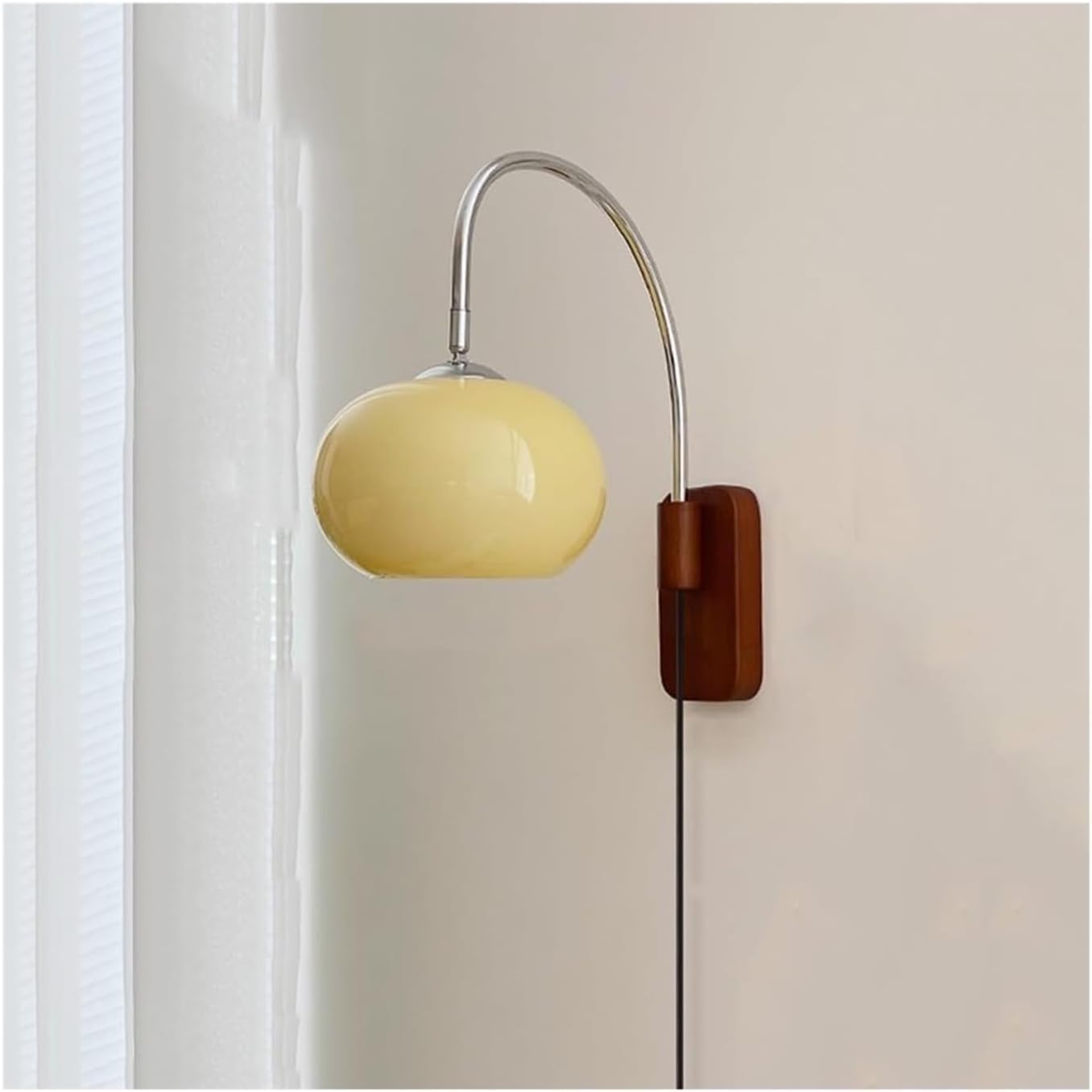 ITOSUI Nordic Modern Wall Sconce, Retro Glass Shade Wood Wall Lamp, Bauhaus Glass Globe Gooseneck Arm Solid Walnut Base Wall Light, for Bedroom Bedside Living Room(Cream-Plug Switch)