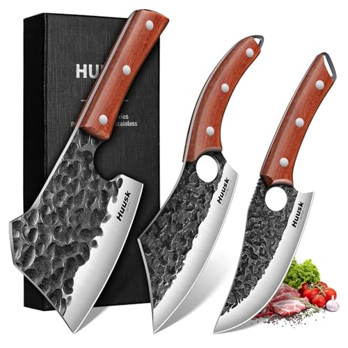 Image of Huusk Butcher Knife Set of 3 - Full Tang Meat Cleaver Knife Set for Meat Processing, Hand Forged Viking Knives Sets with Bone Axe, Heavy-Duty Kitchen Knives Sets for Outdoor BBQ Cooking, Gifts for Men